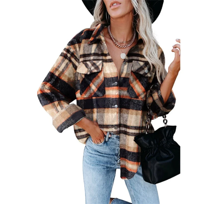 

Autumn 2021 New Women's Jacket Fashion Slim Long Sleeve Plaid Casual Winter Jacket Vintage Pocket Women's Jacket Shirt