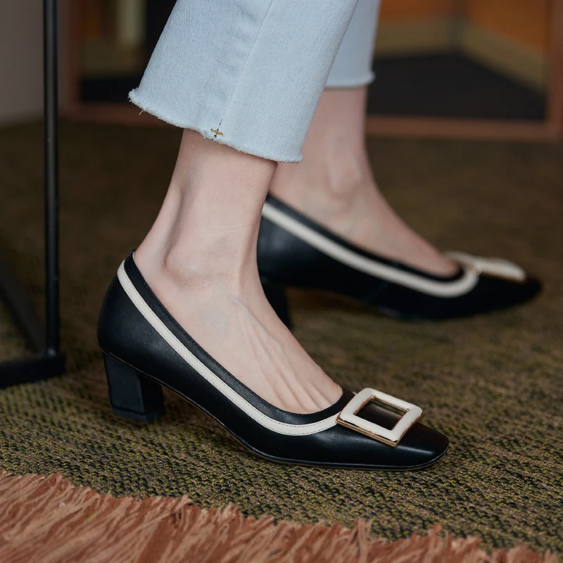 

Slip-On Single Shoes 2021 Newest Genuine Leather Pumps Women Square Toe Mixed Colors Spring Summer Dress Office Shoes Ladies