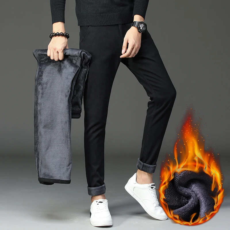 Зимние новые мужские теплые повседневные брюки бизнес мода Slim Fit стрейч плотные брюки мужские брендовые хаки ВМФ серые брюки - Цвет: Черный
