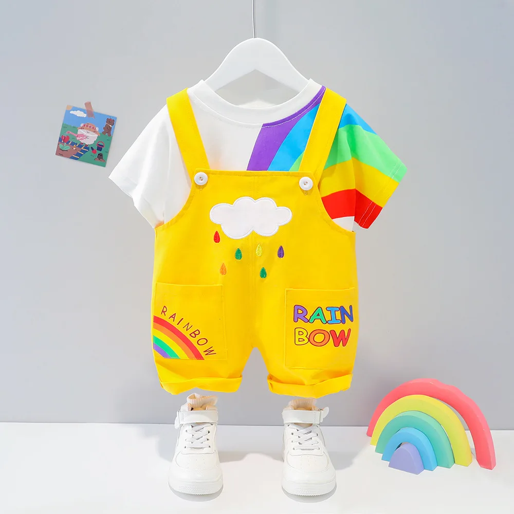 

2021 Summer New Baby Cothing Suit Fashion Infant Boys Girls Stripe Short sleeve Tops Casual Overalls Trousers 2 Piece Set