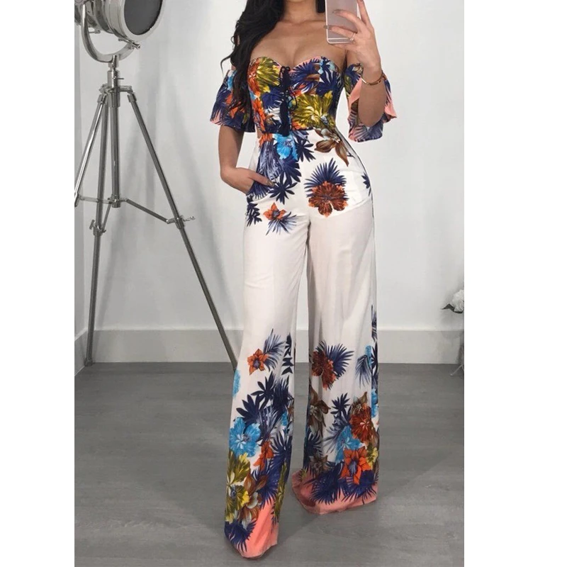 Женский шифоновый комбинезон с V образным вырезом и широкими штанинами|Женские