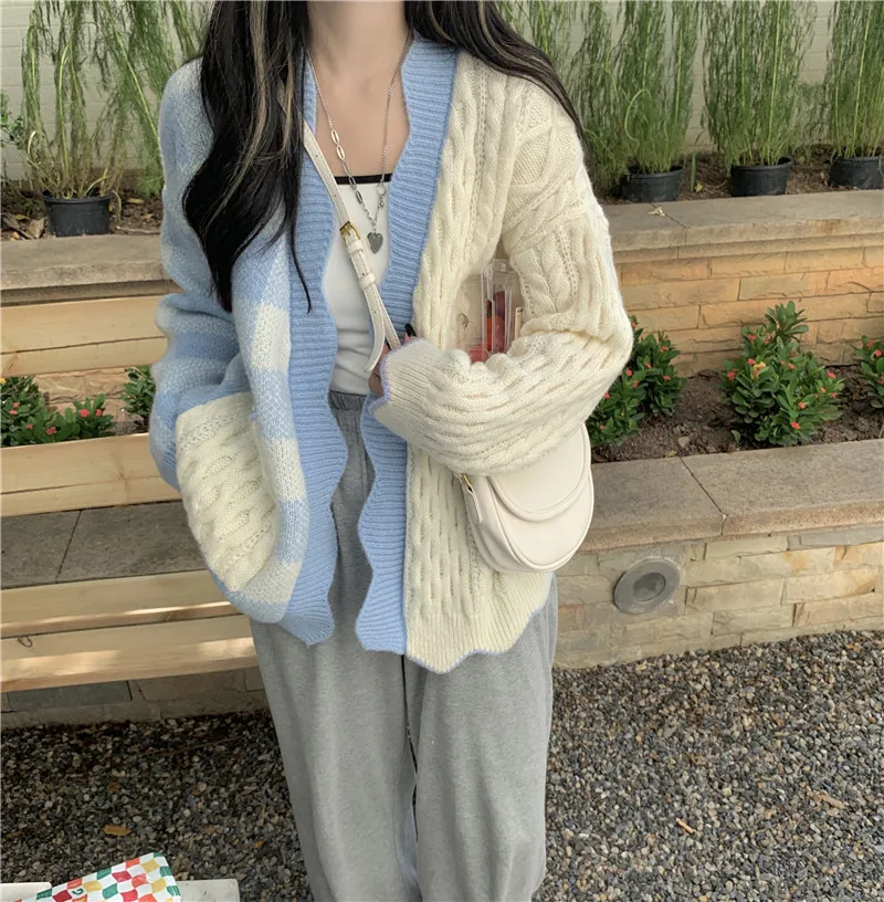 

Plaid Knited Sweater Cardigan Women Korean Style Blue White Loose Knitting Coat Female Autumn Winter Clothes 2021 New