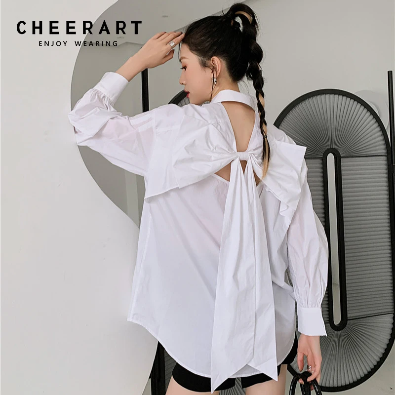 

CHEERART Backless Bow White Long Shirt For Women Fall Fashion 2021 Long Sleeve Button Up Collared Shirt Designer Clothing