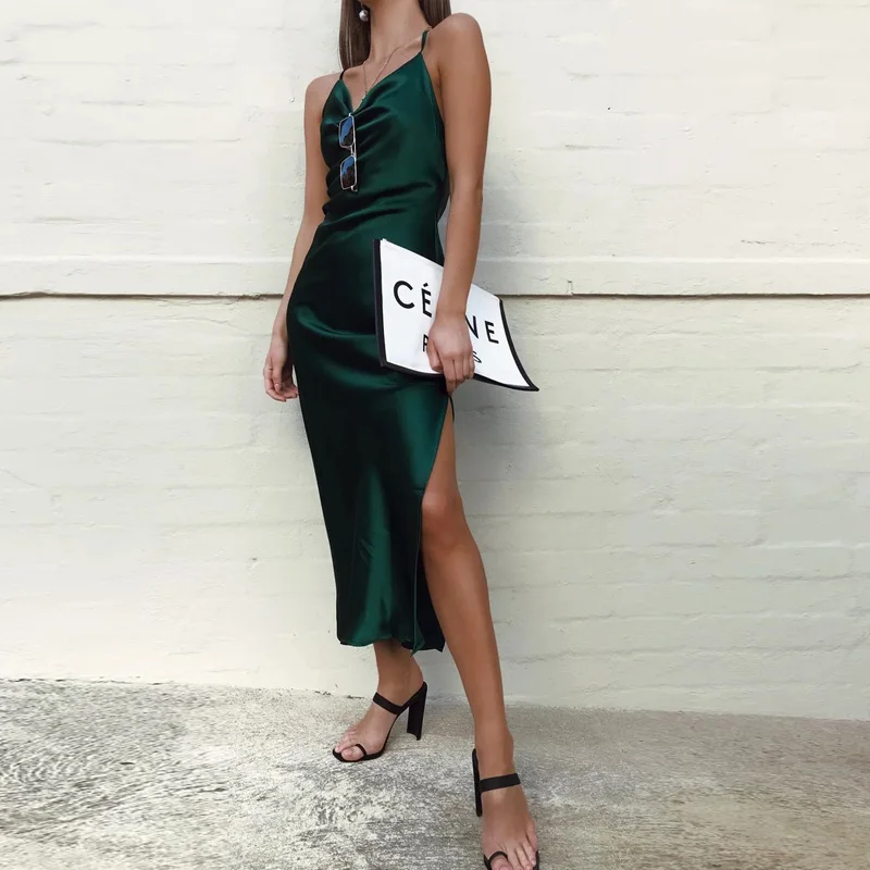 

Sexy Spaghetti Straps Swinging Collar Dress Summer Club Dresses for Women Party Split Long Mid Dresses