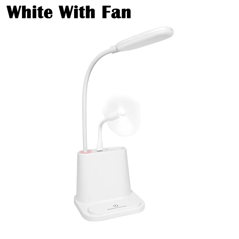 White With Fan Светодиодный настольный светильник с сенсорным выключателем и затемнением, Настольный светильник с зарядкой от usb, лампа для чтения в спальне и для мобильного телефона - Цвет корпуса: White With Fan