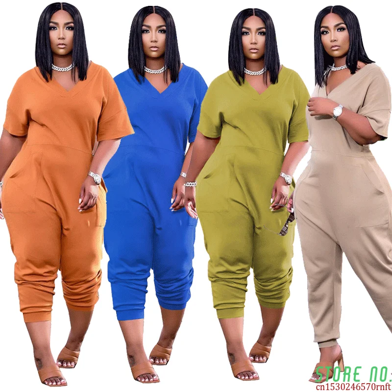 Plus Size S-5xl Jumpsuit Women Overalls One Piece Outfits V Neck Short Sleeves Summer Casual Streetwear Wholesale Dropshipping