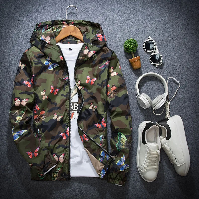 

2020 Men Spring Autumn Jackets Coats Male Casual Camouflage Butterfly Print Clothes Zipper Hoodie Jacket Windbreaker WZ016