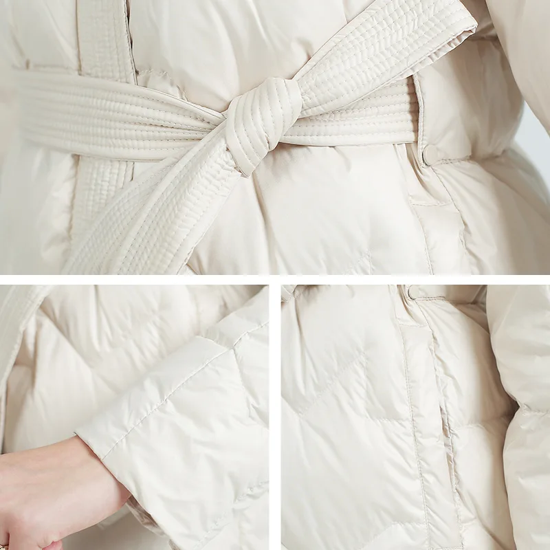 Women's down jacket long loose 2021 New version hooded waist lacing 90% white duck down fashionable High qualitywarm coat