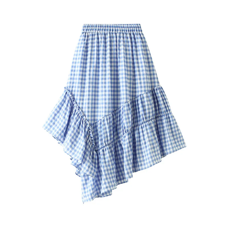 

Women Summer Irregular A-line Plaid Cotton Long Skirts Green/Blue Check Print Patchwork Dip Hem Calf Long Skirts