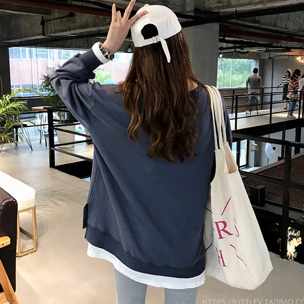 Женская толстовка с капюшоном корейская мода простой пуловер имитацией двух