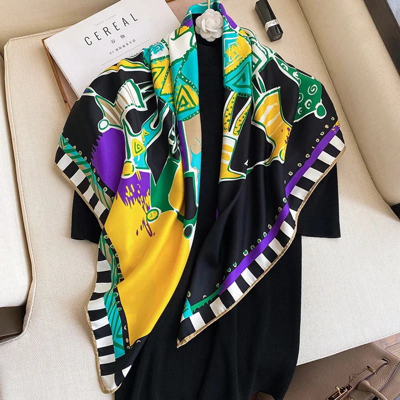 

New Women Print Big Square Scarf 90*90cm Brand Satin Silk Neck Hair Tie Band Foulard Female Office Neckerchief Shawls Lady Hijab