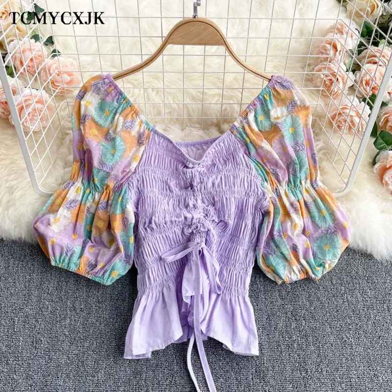 

Summer Retro Wooden Print Drawstring Blouse Holiday Beach Style Slim Fit Pleat Blusas Square Collar Off Shoulder Chiffon Shirt
