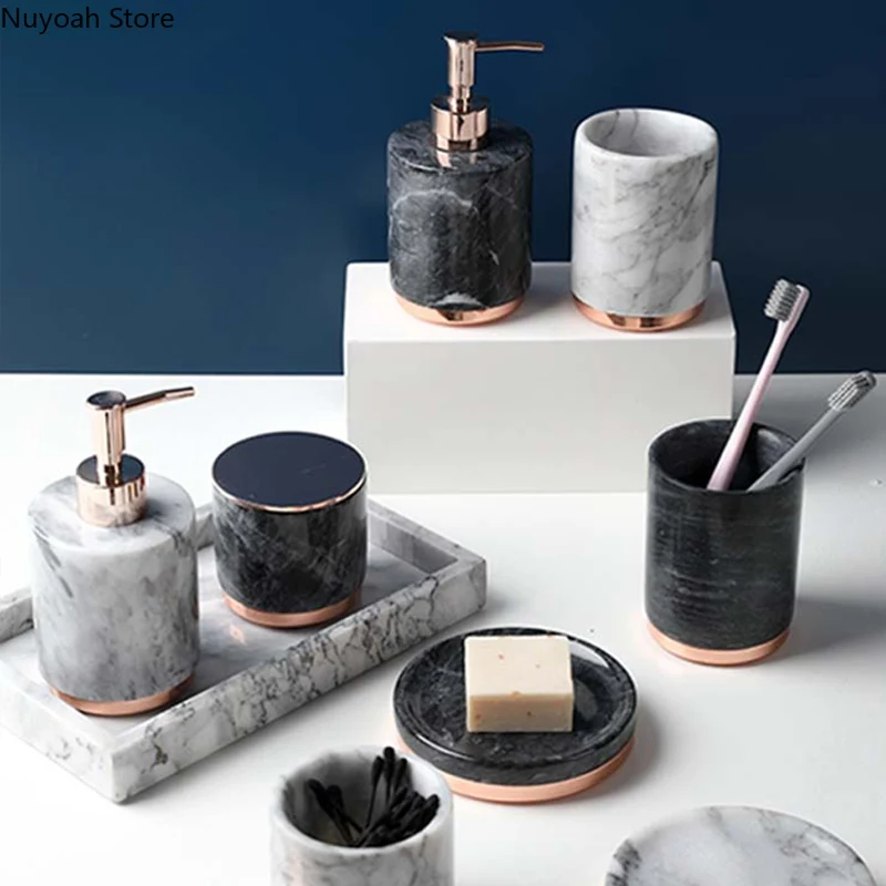 Bathroom Supplies Natural Marble Mouthwash Cup Soap Tray Lotion Bottle Cotton Swab Box Luxury Decoration Accessories | Дом и сад