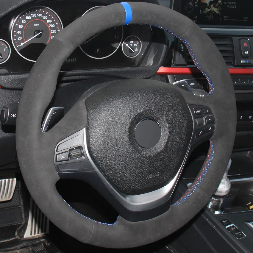 

LQTENLEO DIY Car Steering Wheel Cover Black Suede For BMW 3 Series F30 F31 F34 318i 320i 320d 328i 330i 330e 330d 335i 340i