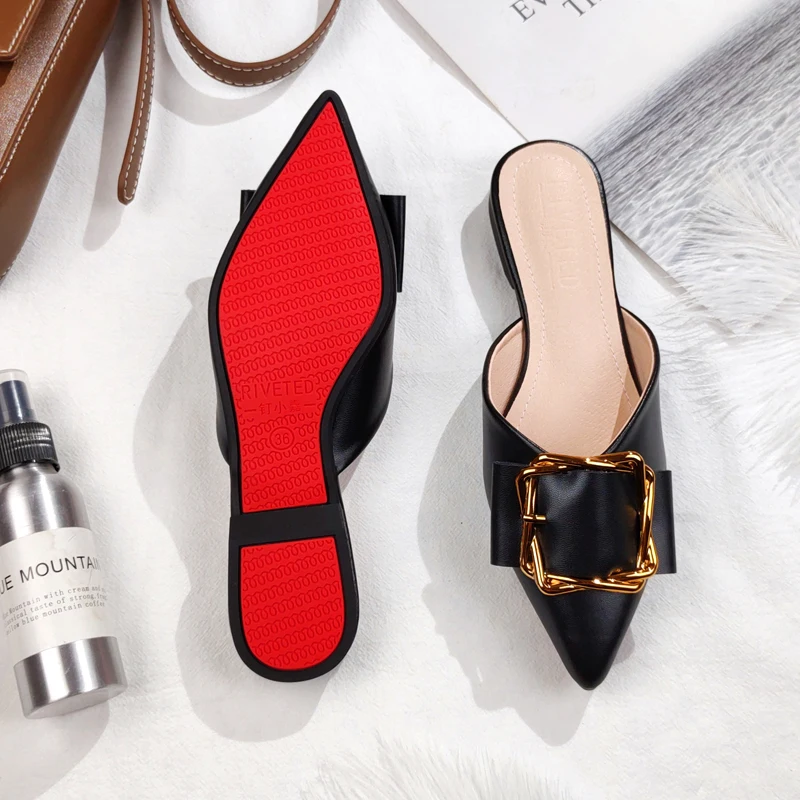 2021 Spring and Summer New Artificial Leather Ladies Pointed Metal Flat Shoes Fashion Trend Designer Slippers Ladies Flat Shoes