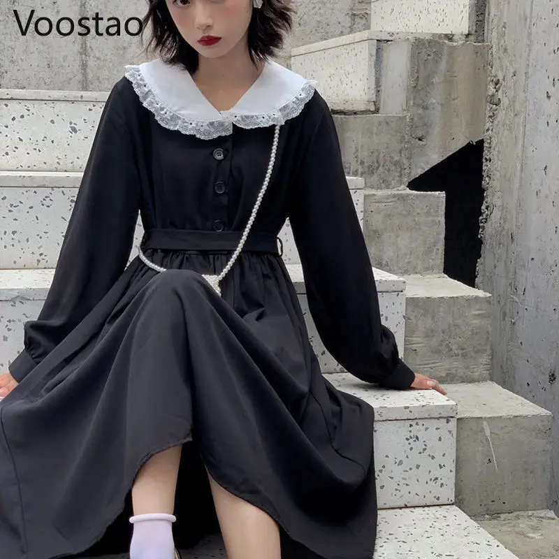 Осеннее женское темное платье модное элегантное в стиле преппи с длинным рукавом