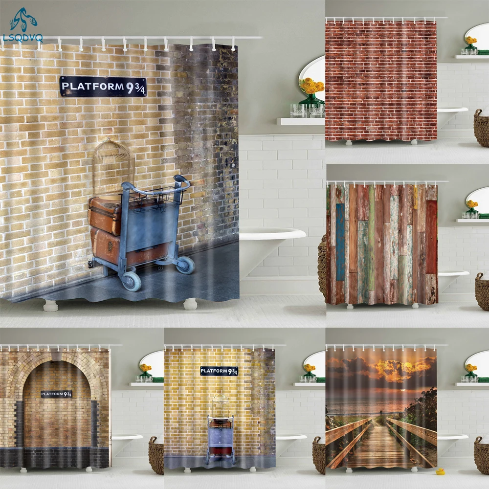 

Vintage Style Wood Door Platform 3/4 Wall Bookshelf Shower Curtains Bathroom Curtain Frabic Waterproof Polyester with Hooks