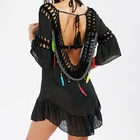 Женское пляжное платье, прозрачное пляжное платье с открытой спиной, хлопковое ажурное платье с кисточками, пляжная одежда