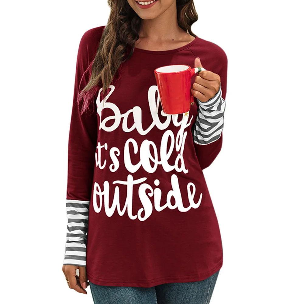 2019 Letter Printted Women Blouses Christmas Snowflake Tops Long Sleeve Stripe Pactwork O Neck Casual Blusas Femininas |