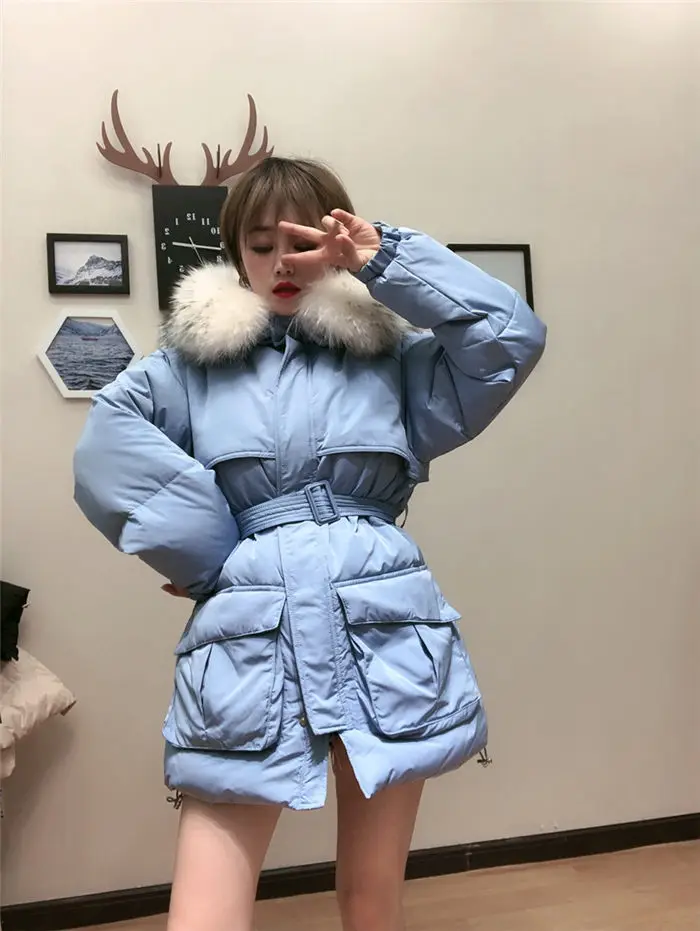 White Down Coat Winter Woman Fashion New Hooded Fur Collar Warm Thicken Cotton Clothing Casual Parkas Belt Overcoat f1401