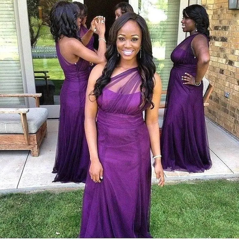 

One Shoulder Purple Evening Dresses Long Tulle Plus Size African Prom Party Gowns Train Vestido De Festa Longo