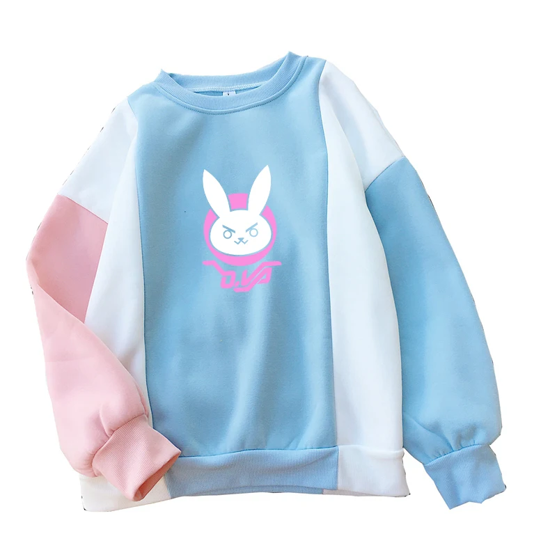 

OW DVA Rabbit D.VA Logo Print Hoodie Sweatshirt Women Autumn Winter Fleece Harajuku Kawaii Cartoon Streetwear Hit Color Pullover