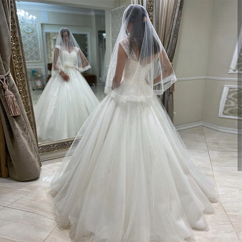MoonlightShadow Stunning Wedding Dresses A-Line V-Neck Spaghetti Straps Crystal Bow Sashes Tulle Bridal Gown Vestido De Novia
