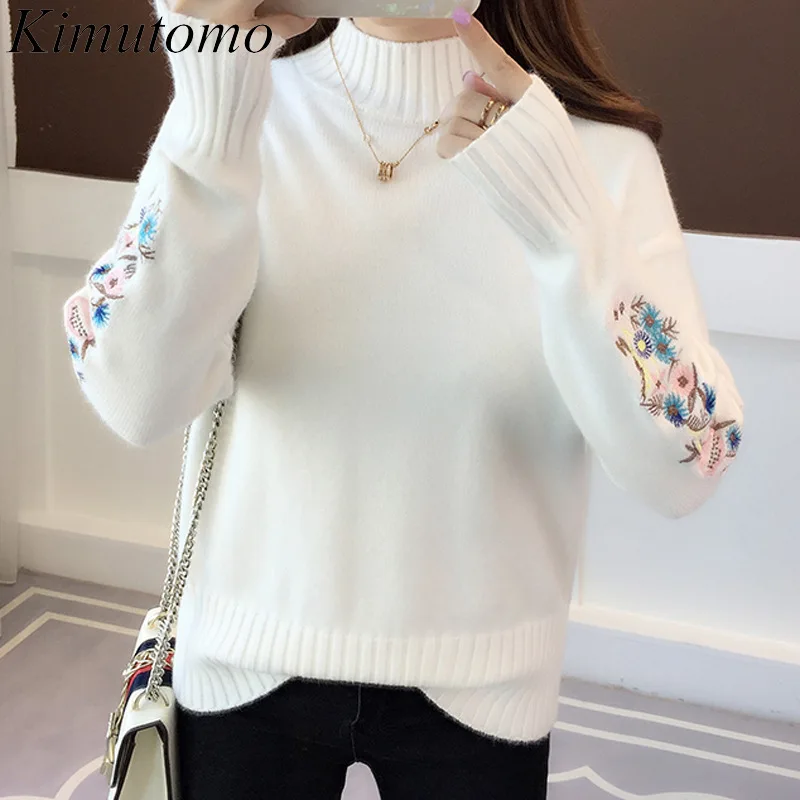 

Kimutomo Chic Sweater Woman Autumn Winter Korean Ins Fashion Loose Half High Collar Floral Embroidery Solid Versatile Knit Top