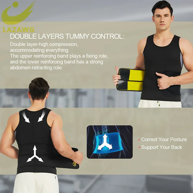 LAZAWG Mens Gym BodyShaper Sauna Waist Trainer Corset Belly Sweat Belt Slimming Shirt Vest Underwear Tops Shapewear Corset Belly