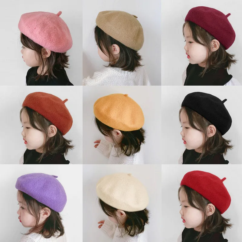 

Модная шерстяная детская шапка для девочек ярких цветов, Эластичный Берет для младенцев, детские шапки для девочек, верх 1 шт.
