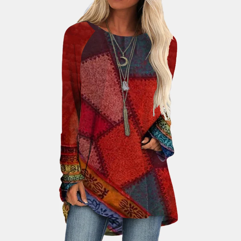 

Autumn Women Vintage Geometric Printing Casual Loose Tshirts O-Neck Spring New Plus Size 3XL Color Block Patchworked T-Shirt