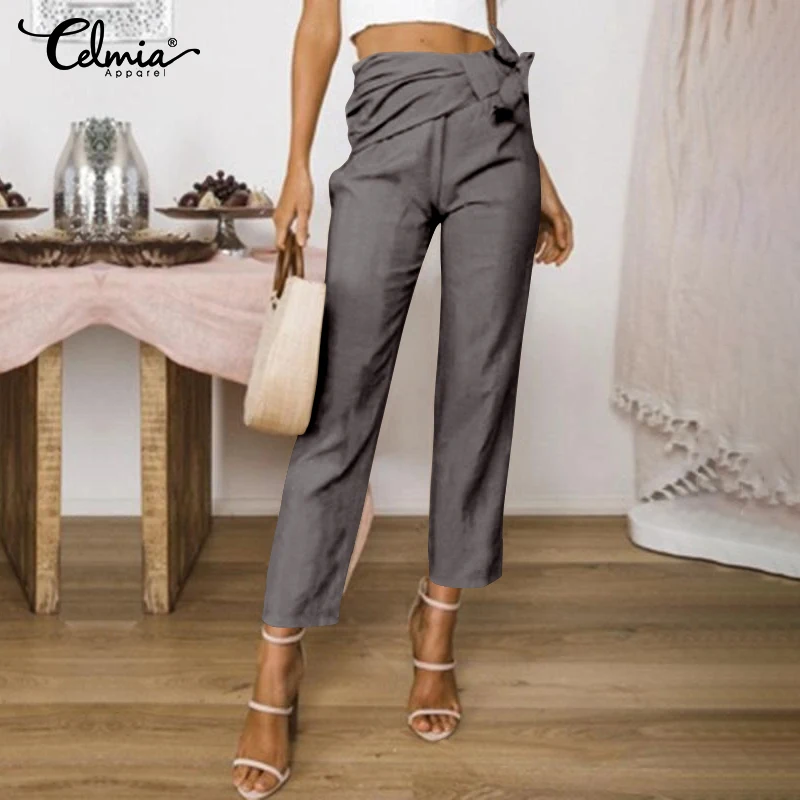 Женские брюки 2021 Осенние винтажные хлопковые длинные с поясом Celmia повседневные