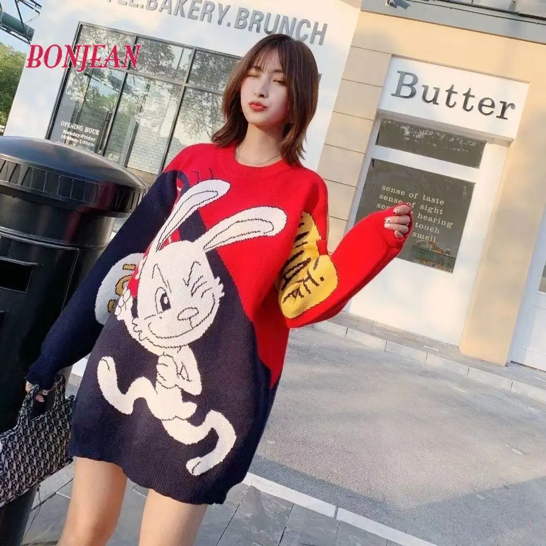 

2020 Cartoon Oversized Sweater Dress Korean Tops Plus Size Winter Clothes for Women Japanese Fashion Christmas Jumper