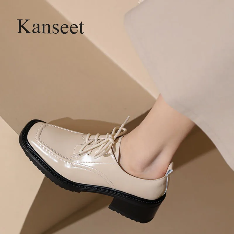 Kanseet Women's Shoes New Spring Platform Square Toe Genuine Leather Handmade Casual Thick High Heels Ladies Footwear 40 Beige