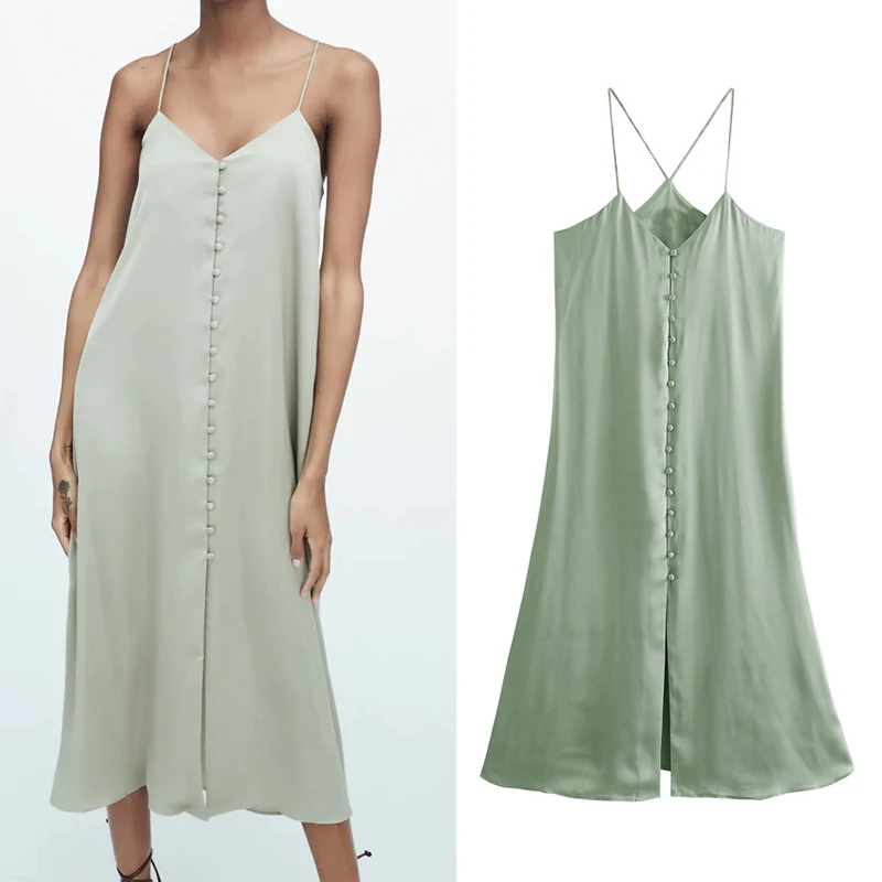 

Женское свободное платье-трапеция ZA, однотонное пляжное платье с V-образным вырезом, элегантный повседневный наряд для девушек на лето