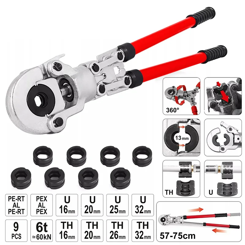 

VEVOR Pipe Crimping Tools Hydraulic Copper Tube Sleeves Crimper Plumbing Pressing Tongs Composite Kit 8 Jaws TH/U Type 16-32mm