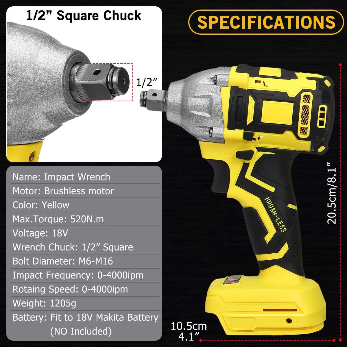 520N.m Cordless Impact Wrench Rechargeable Brushless Electric Screwdriver Power Tool Drill for Makita Battery | Инструменты