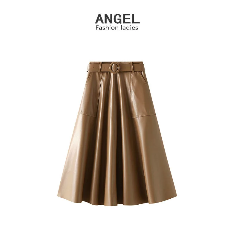 

2021 Winter PU Leather Skirt Large Swing Skirt Belt Large Pocket Mid-Length Solid Color High Waist A- line Skirt Umbrella Skirt