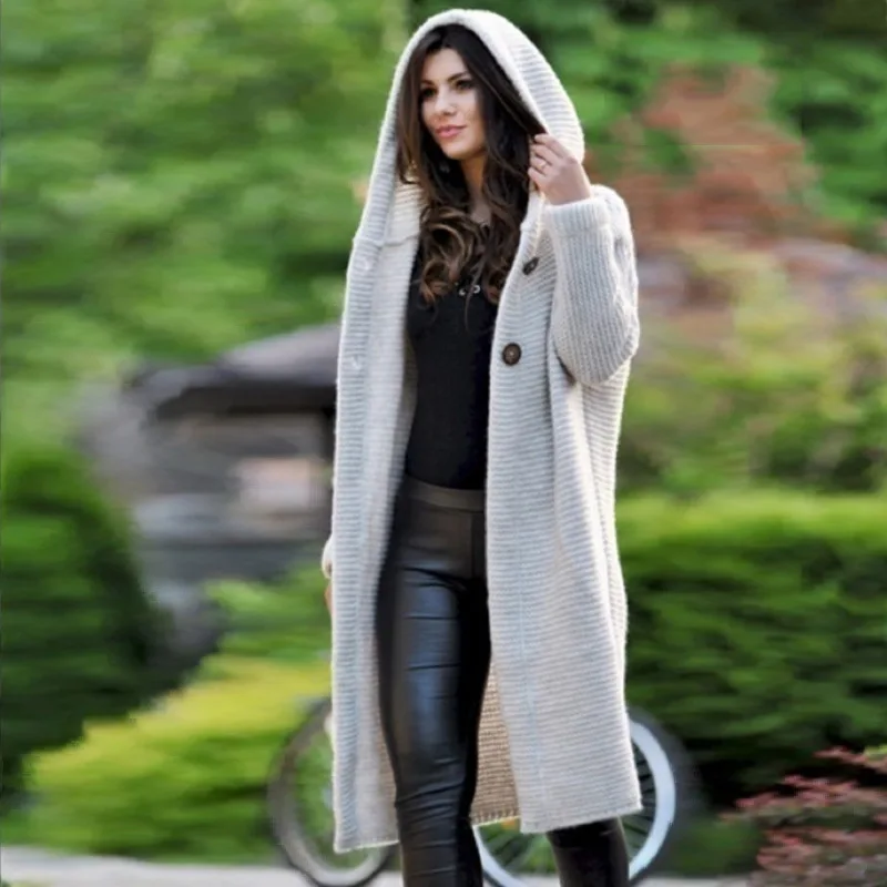 

Autumn and winter warm casual loose knit cardigan large size sweater hooded mid-length coat