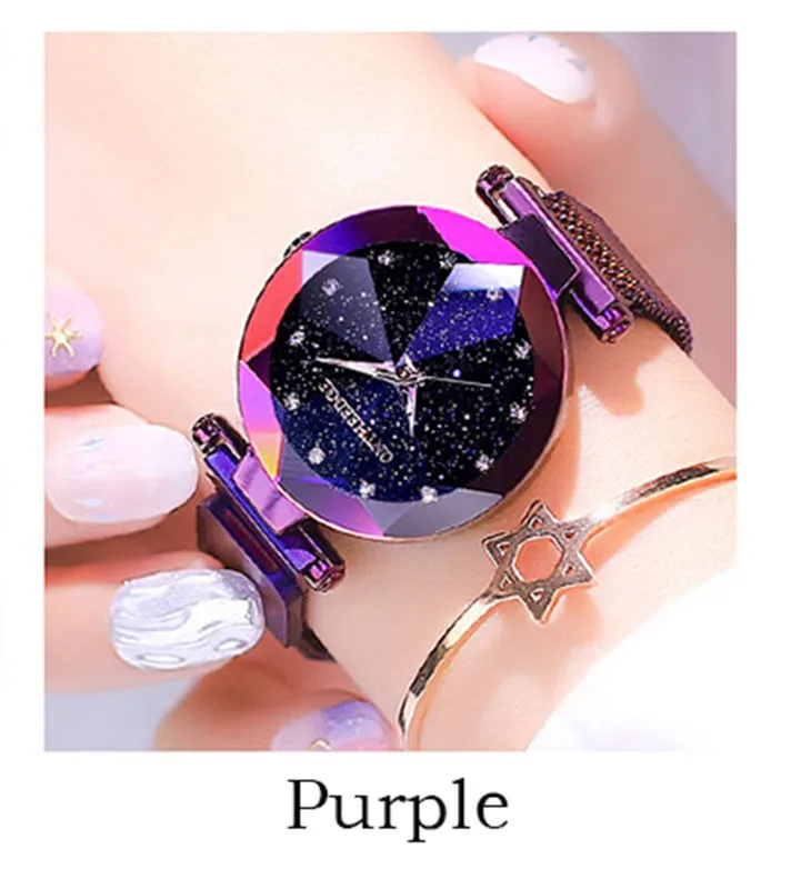 XK-Purple Luxury ladies watch magnet stainless steel mesh with starry fashion diamond female luminous shining quartz watch relogio feminin - Цвет: XK-Purple