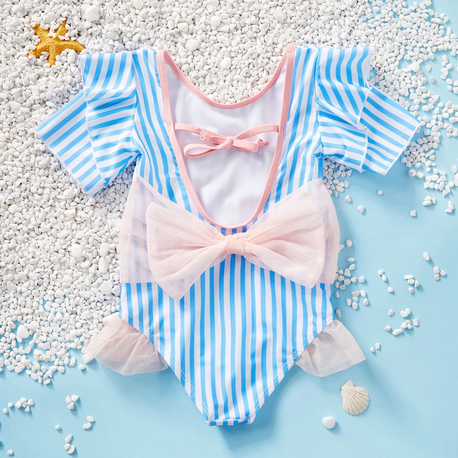 

PatPat 2021 New Summer Toddler Girl Stylish Striped Flutter-sleeve Bowknot One-piece Swimsuit