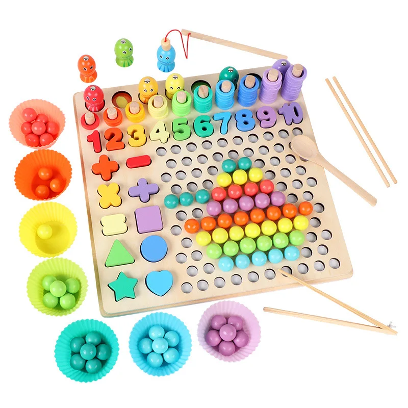 

13-in-One Clip Beads Fishing Log Board Children's Multi-Function Focus Hand-Eye Coordination Training Wooden Toy 1.32