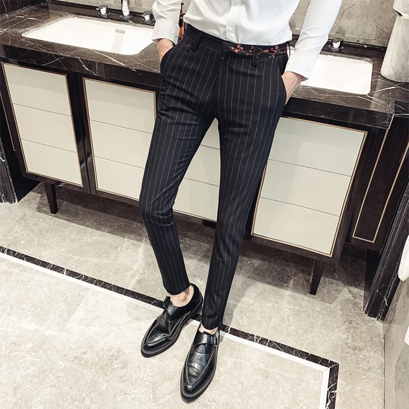 Деловая официальная одежда брюки в полоску мужские корейские облегающие