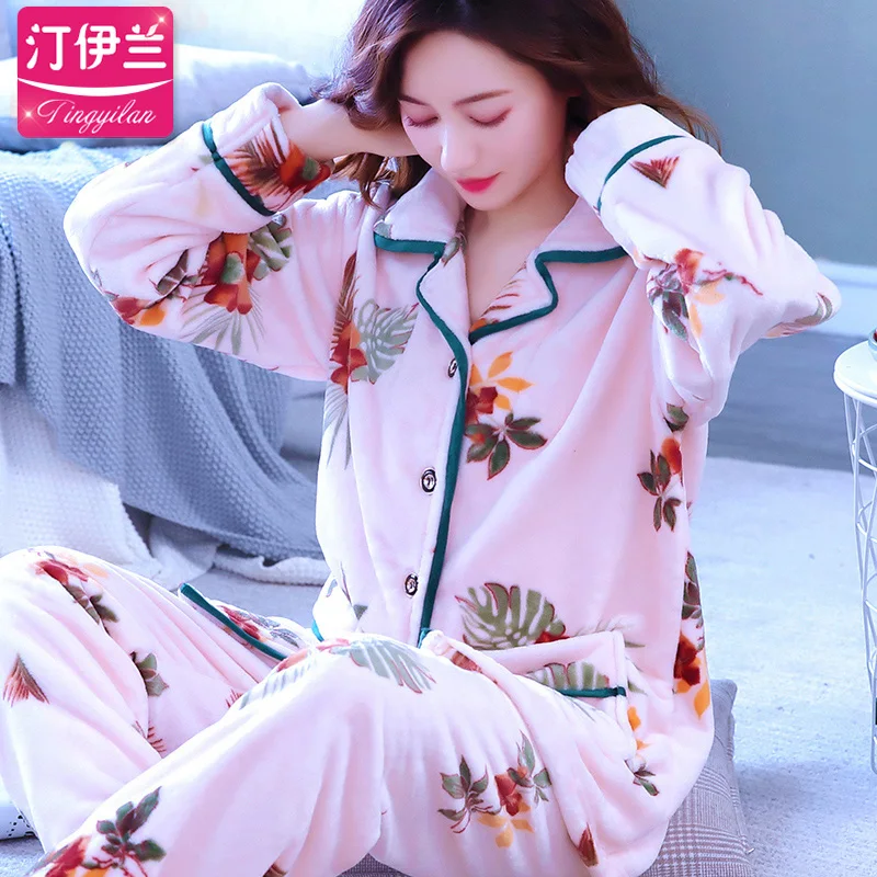 Home clothes fo women Lady clothes set Large size Pajamas Printing Autumn / Winter Coral fleece 2 piece set Free shipping 287