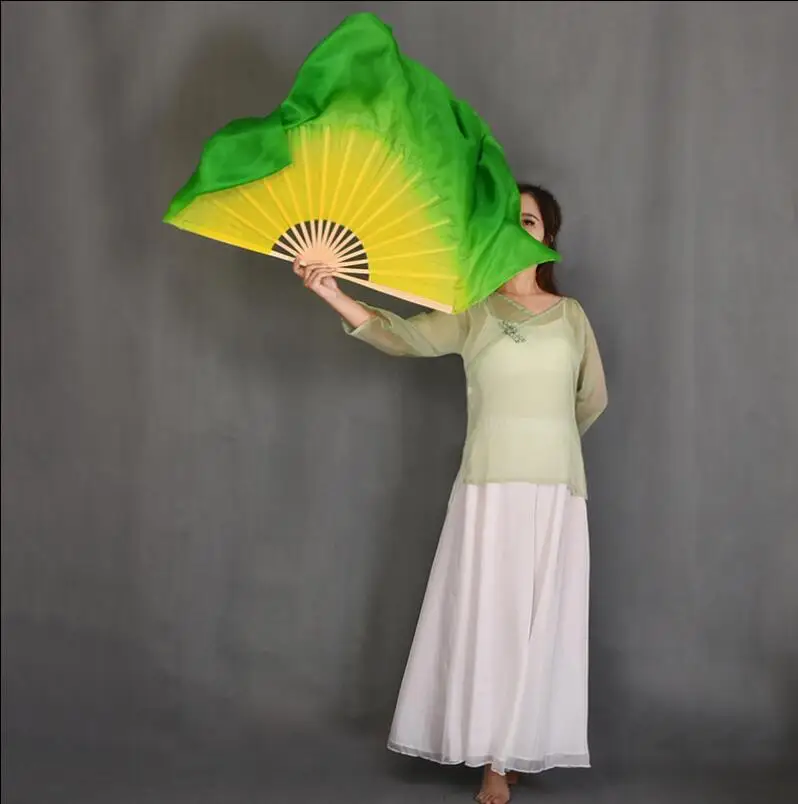 Желтый зеленый Шелковый Вуаль ручной работы живота танцевальный веер пара (1л + 1р)