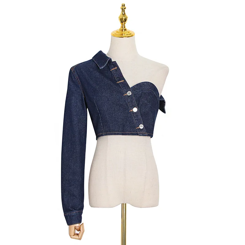 

European tide brand summer new fashion personality shoulder sleeveless row buckle design asymmetric denim coat female