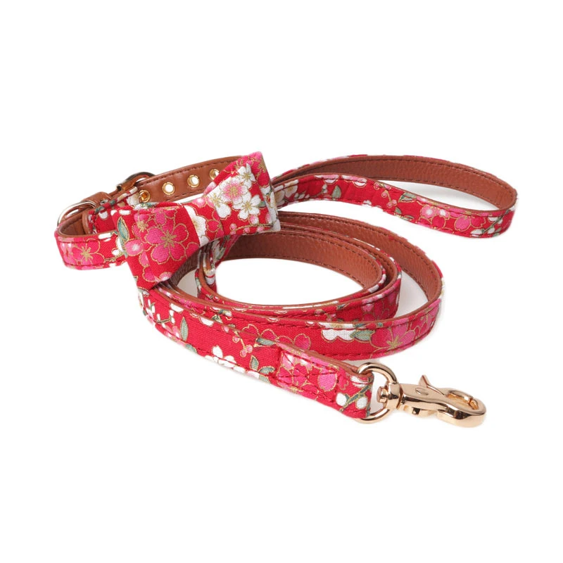 Red Flower Двухслойный ошейник с бантиком для домашних животных, собак, поводок для собак, веревка для поводка, милая Мода для маленьких плюшевых питомцев - Цвет: Red Flower