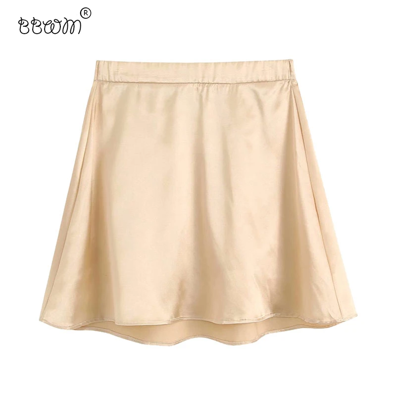 

Женская атласная мини-юбка, повседневная однотонная трапециевидная юбка с высокой эластичной талией, 2020