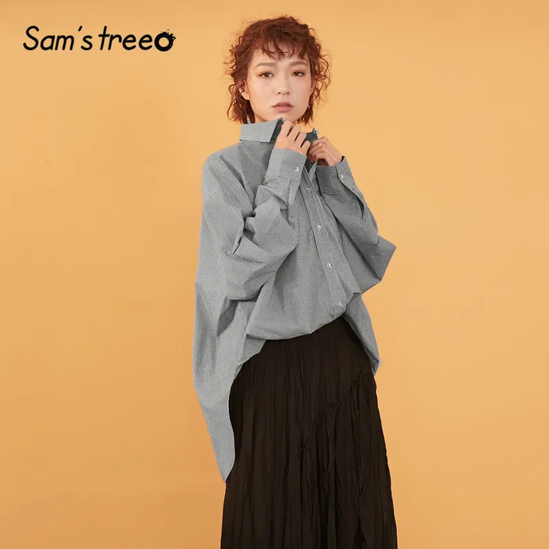 SAM'S TREE/клетчатые женские блузки с пуговицами спереди и графикой, осень, женские Топы с длинным рукавом и карманами в британском стиле