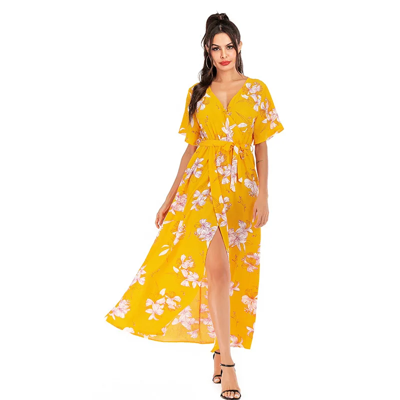 

Women's Short-sleeved French Floral V-neck Dress 2021 Summer Beach Vacation A-line Skirt with Print Splits Sexy Long Skirt